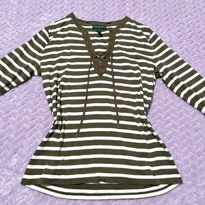 Polo by Ralph Lauren Olive and White Striped Long Sleeve Top